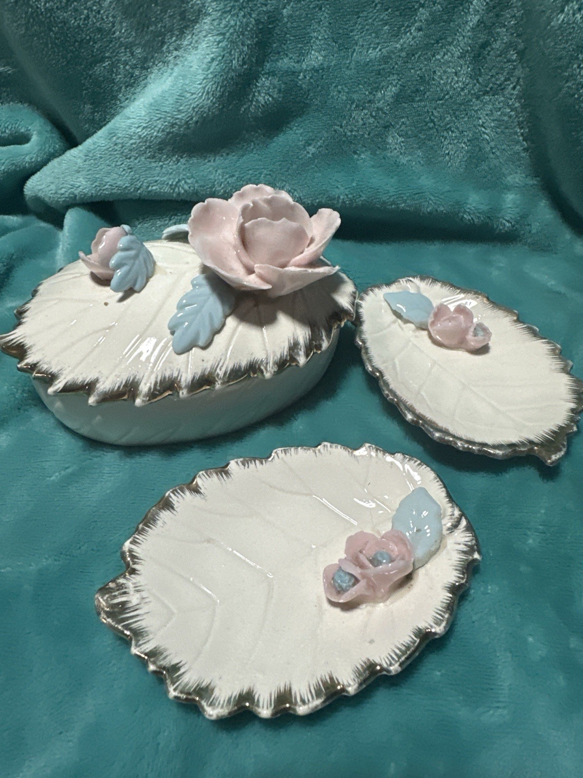 Vintage Artmark Japan Hand Painted Porcelain Trinket Box & Leaf Dishes Set