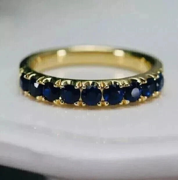 2Ct Round Cut Lab Created Blue Sapphire Wedding Band Ring 14K Yellow Gold Plated