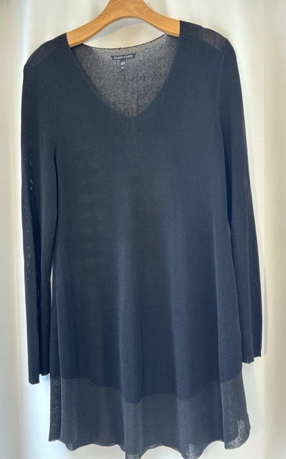 Eileen Fisher Womens  Tunic Top Sweater S Black Sheer Hem Lightweight Knit