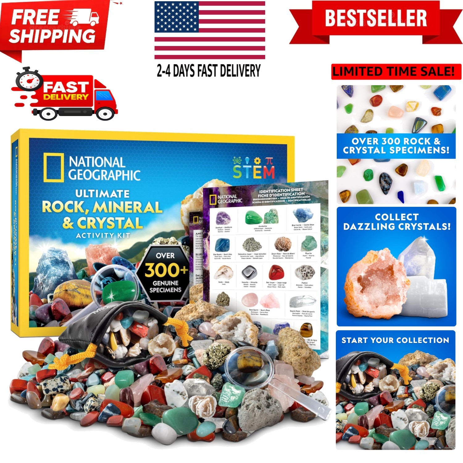 National Geographic Rock Collection Box for Kids – 300+ Piece Gemstones and C...