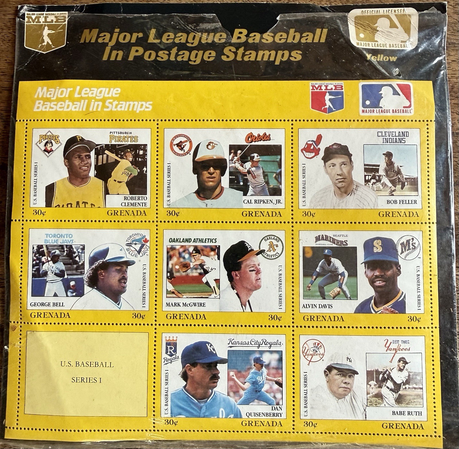 1988 Grenada Major League Baseball .30 Stamps Yellow Sheet Babe Ruth Cal Ripken