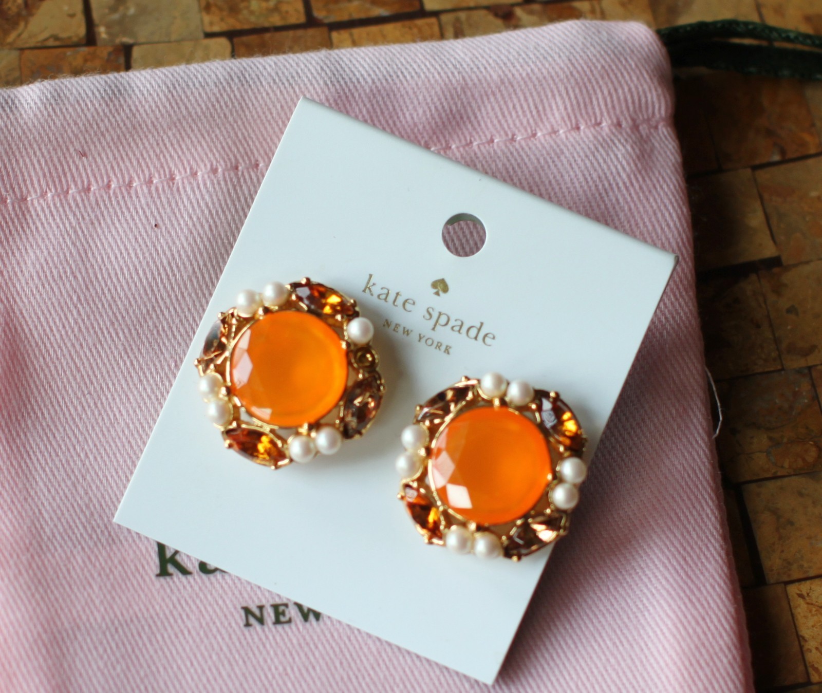 RARE KATE SPADE NEW YORK Belle Fleur STUD EARRINGS orange tangerine gold pearl
