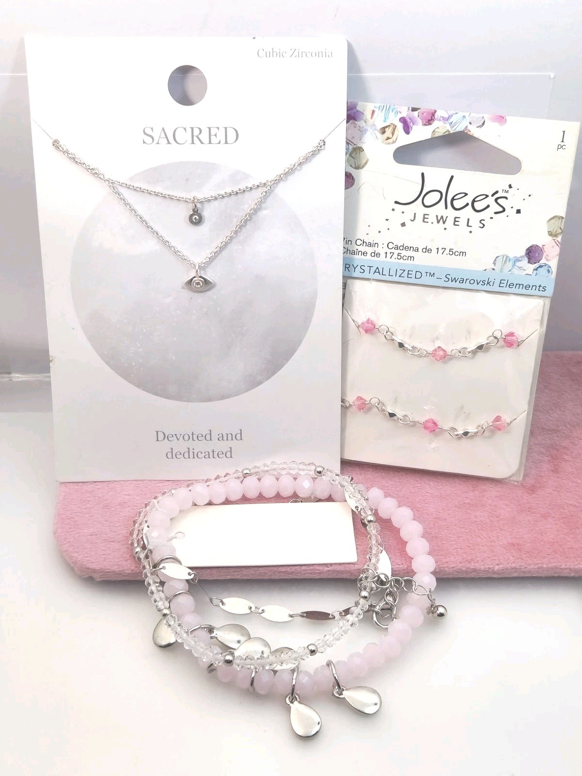 Set Of Pink Silver tone Beaded Bracelets Evil Eye Necklace Lot Of 3 On Card