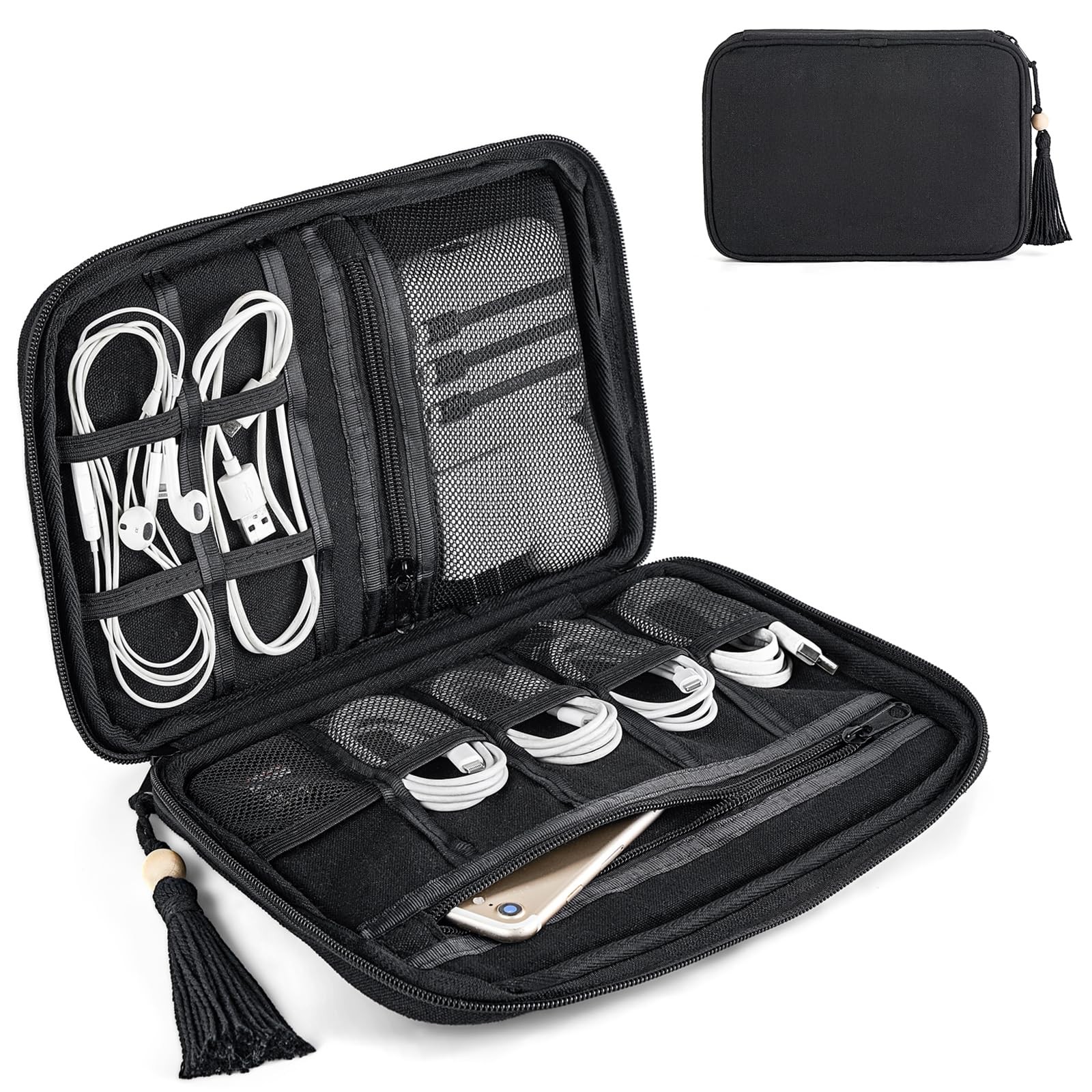 Mkono Electronics Organizer Travel Cable Cord Cotton Medium, Black 