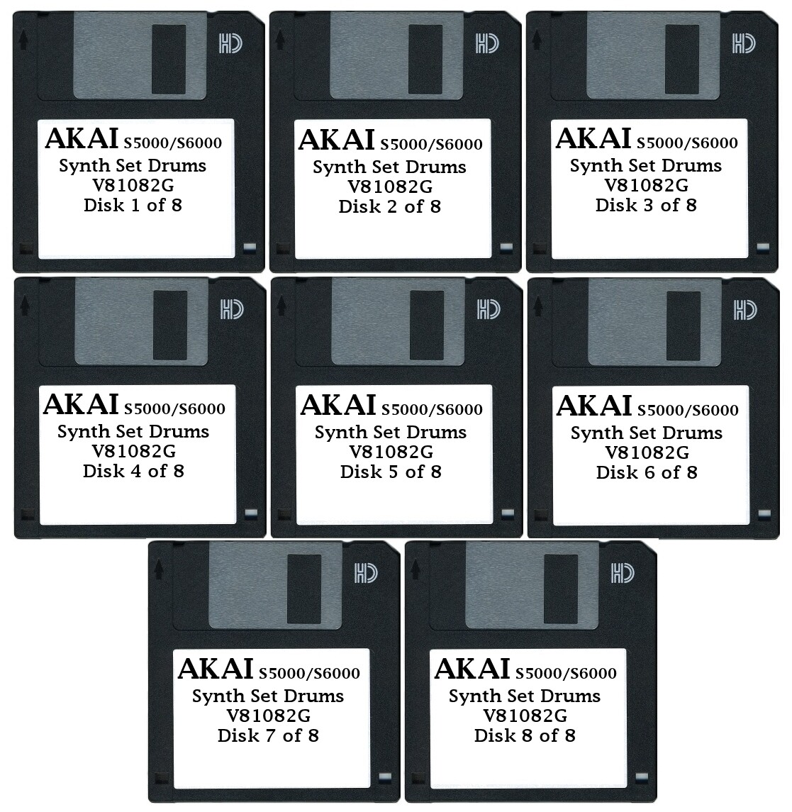 Akai S5000 / S6000 Set of Eight Floppy Disks Synth Set Drums V81082G