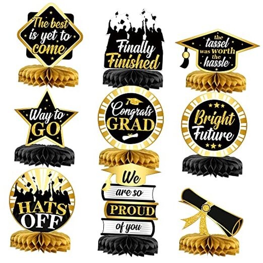  Graduation Centerpieces 2025 - Pack of 9 | Graduation Honeycomb Black and Gold