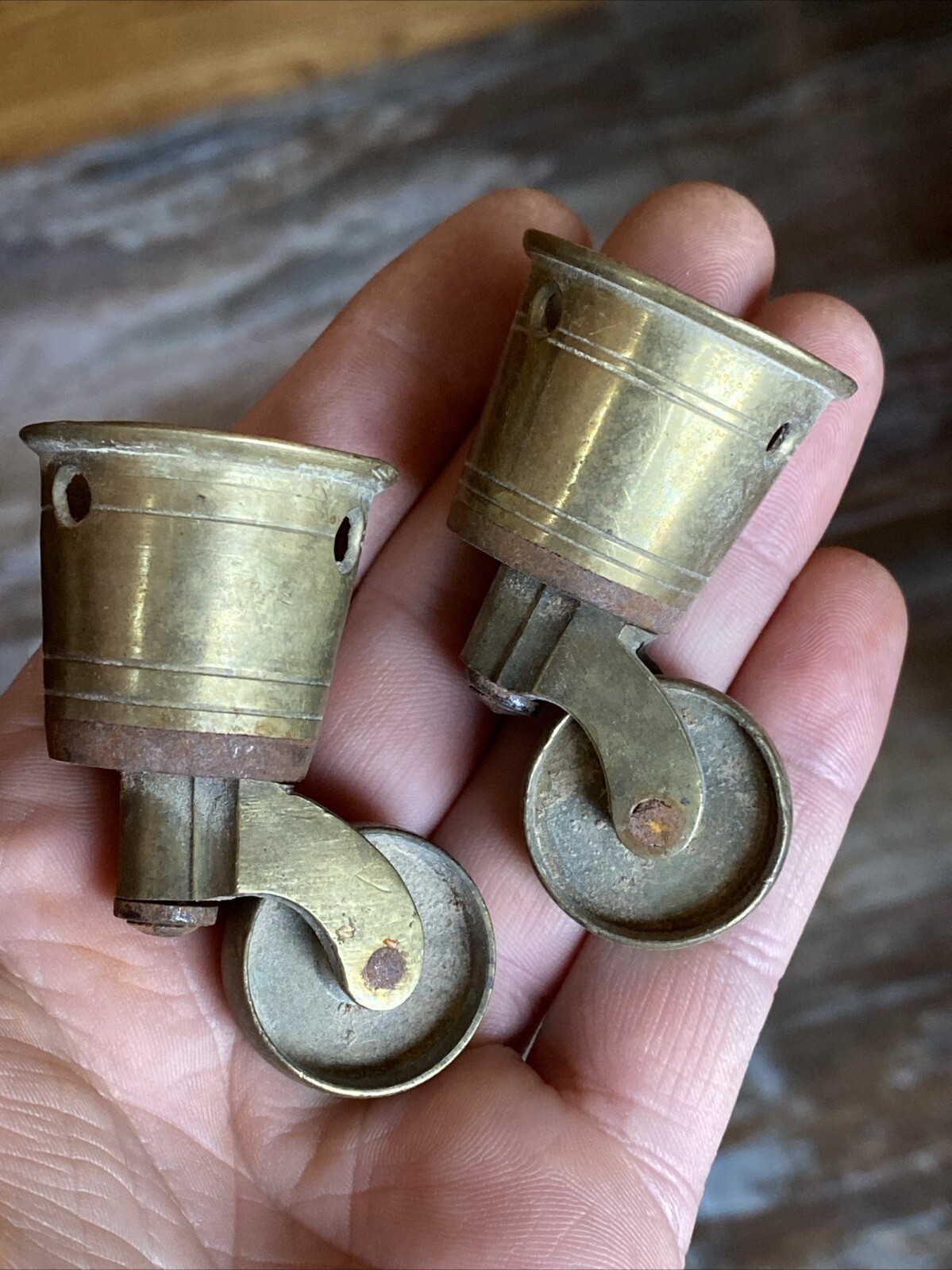 Pair 2 cup castors wheels antique piano table furniture spun Brass Steel Spindle