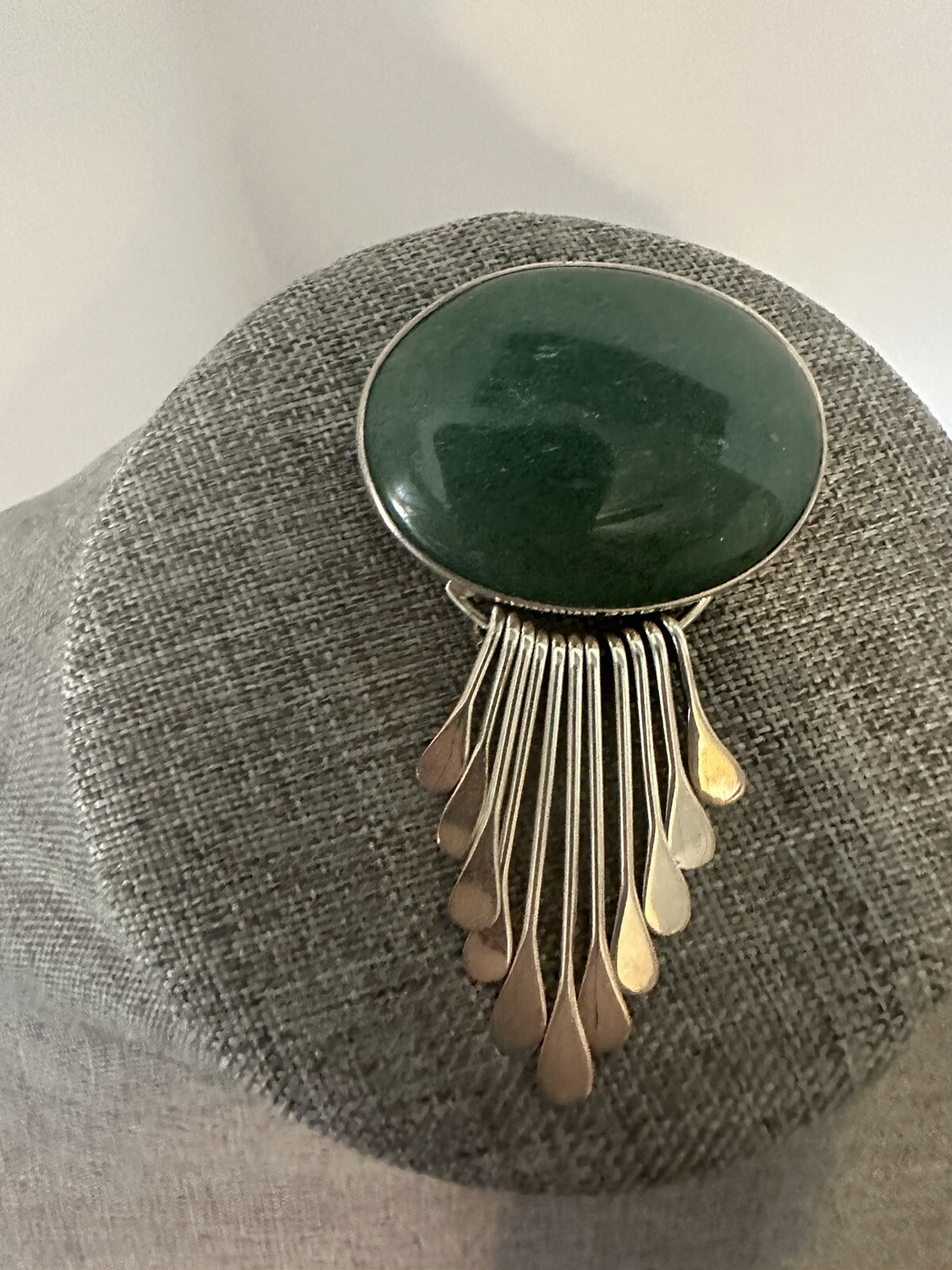 Boho Sterling Silver Oval Jade Brooch/ Necklace Signed Mexico