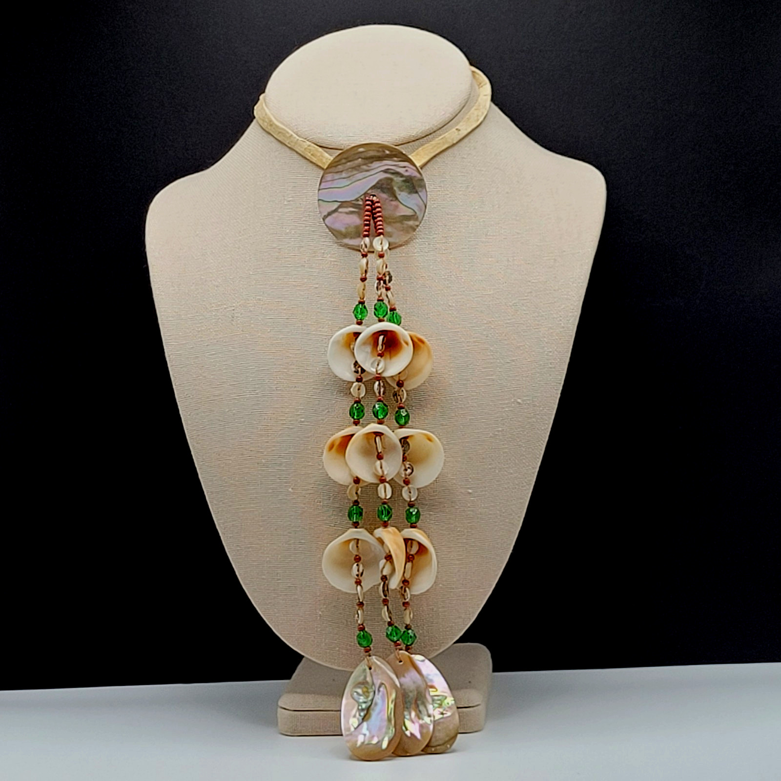 Native American Shell Fringe Beaded MOP Handmade Pendant Necklace Suede Tie