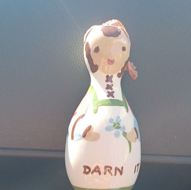 Vintage Ceramic Hand Painted Woman Figurine   Humor Decorative Sock Darn 