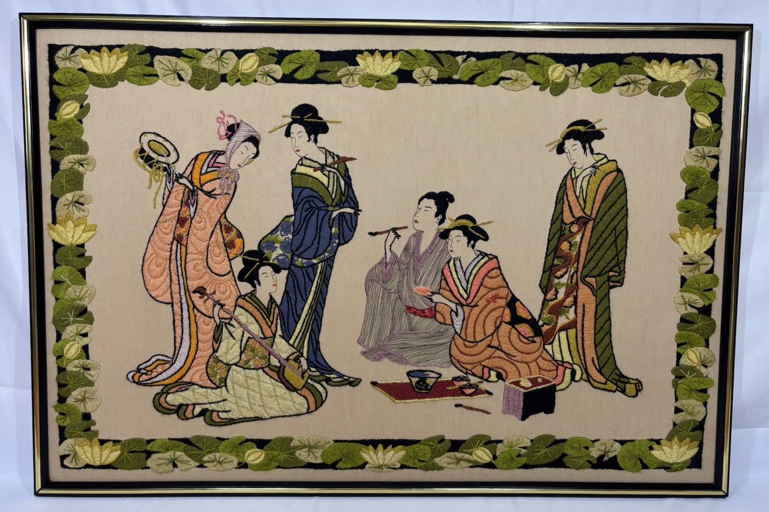 Vintage Japanese Geisha Hand Embroidered Crewel Needlepoint Tapestry Framed