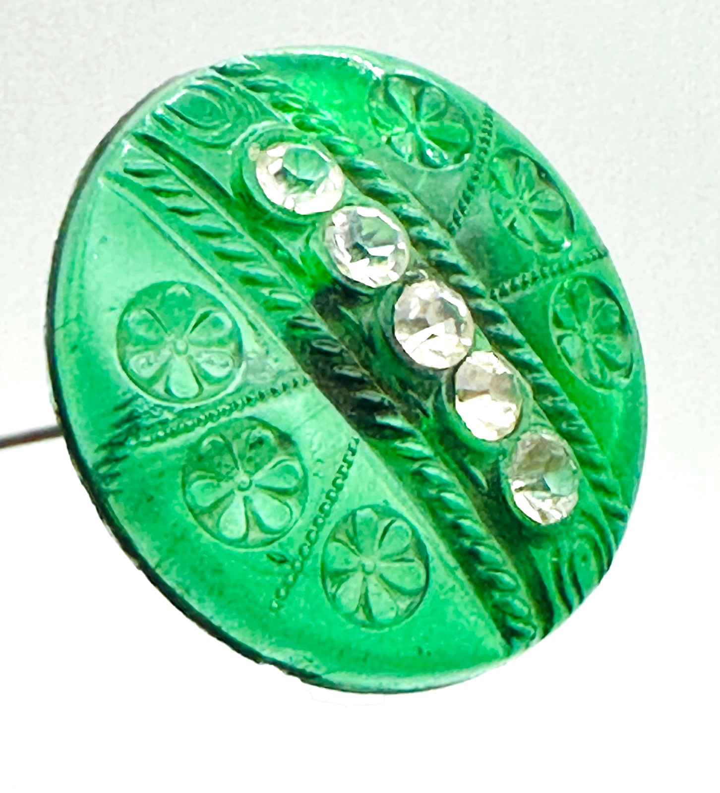 Antique Hatpin Superb Molded Emerald Green Glass Bright Rhinestones Collectible