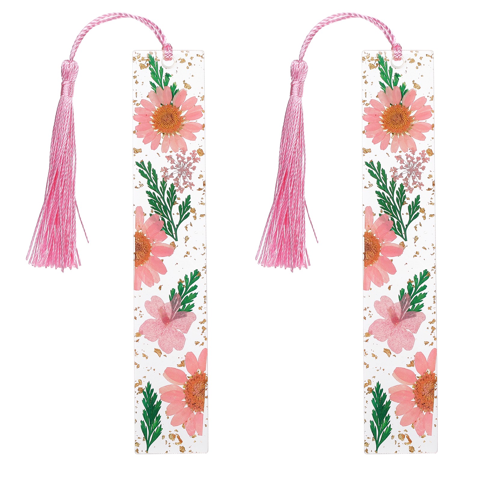 2Pcs Dried Flower Resin Bookmarks, Pink/Light Green (Chrysanthemum/Leaf)