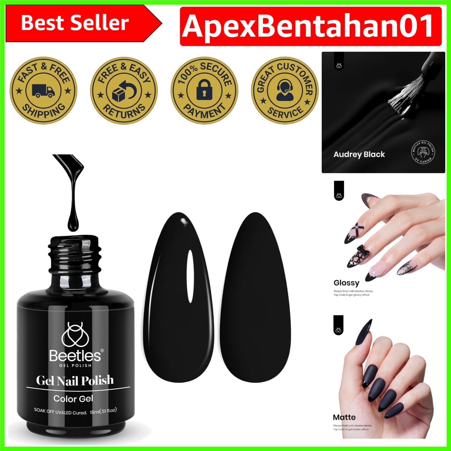 Luxury Beetles Black Gel Nail Polish 15ml - Chip Resistant & Long-Lasting Beauty