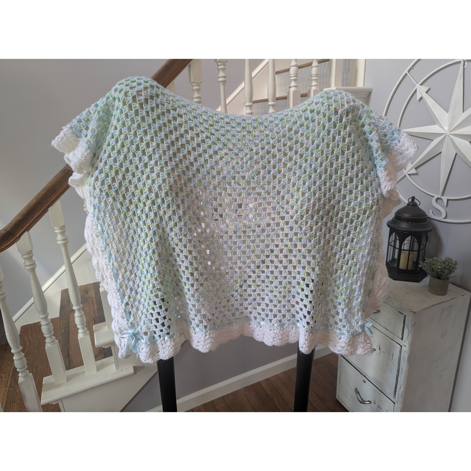 Crochet Knit Baby Blanket Blue Green White Handmade Stroller Blanket Gift