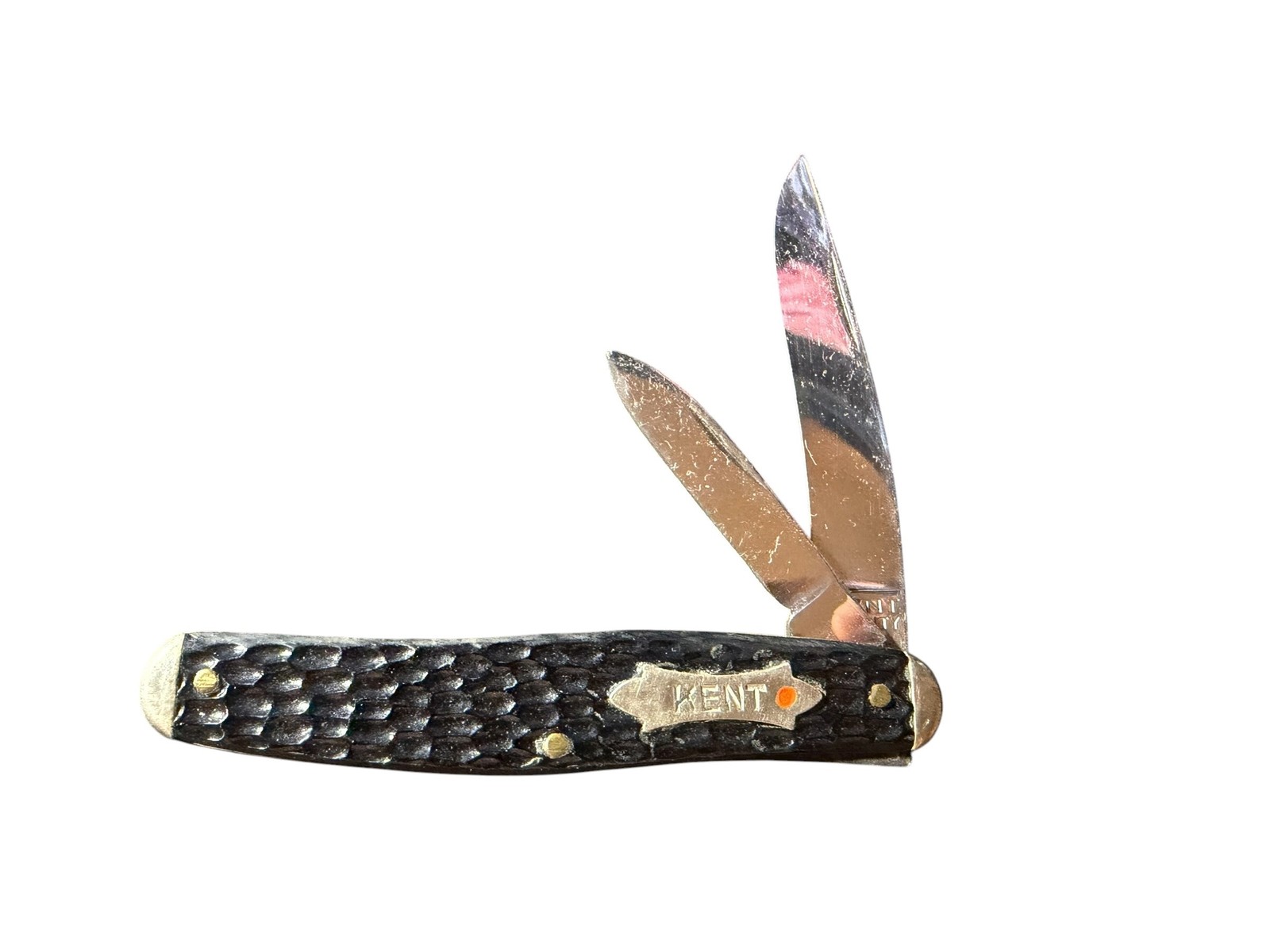 Vintage KENT 2-Blade Pocket Knife Black Jigged Handle Clip Pen Point Collector