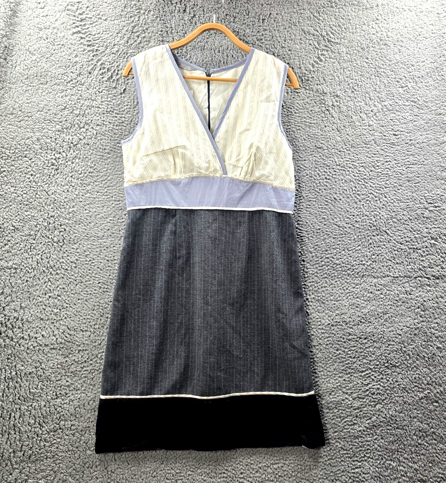 Vintage Jacqui E Womens A-line Dress Size 12 Grey Cream Stripe Patchwork V-Neck