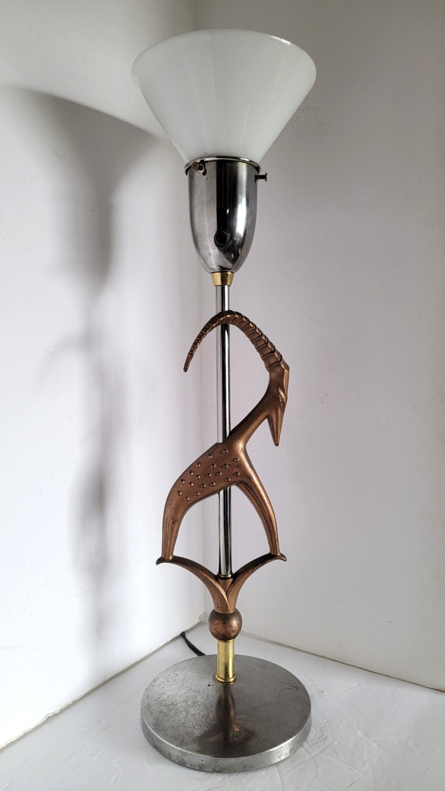 Vtg Mid Century Modern REMBRANDT Copper Gazelle & Chrome Table Lamp