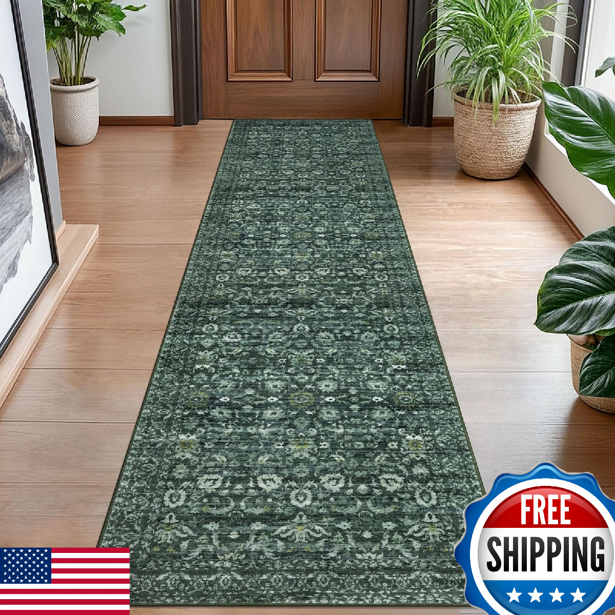 Lansny Dark Green Vintage Floral Hallway Runner Rug 2x8 Washable Non-Slip