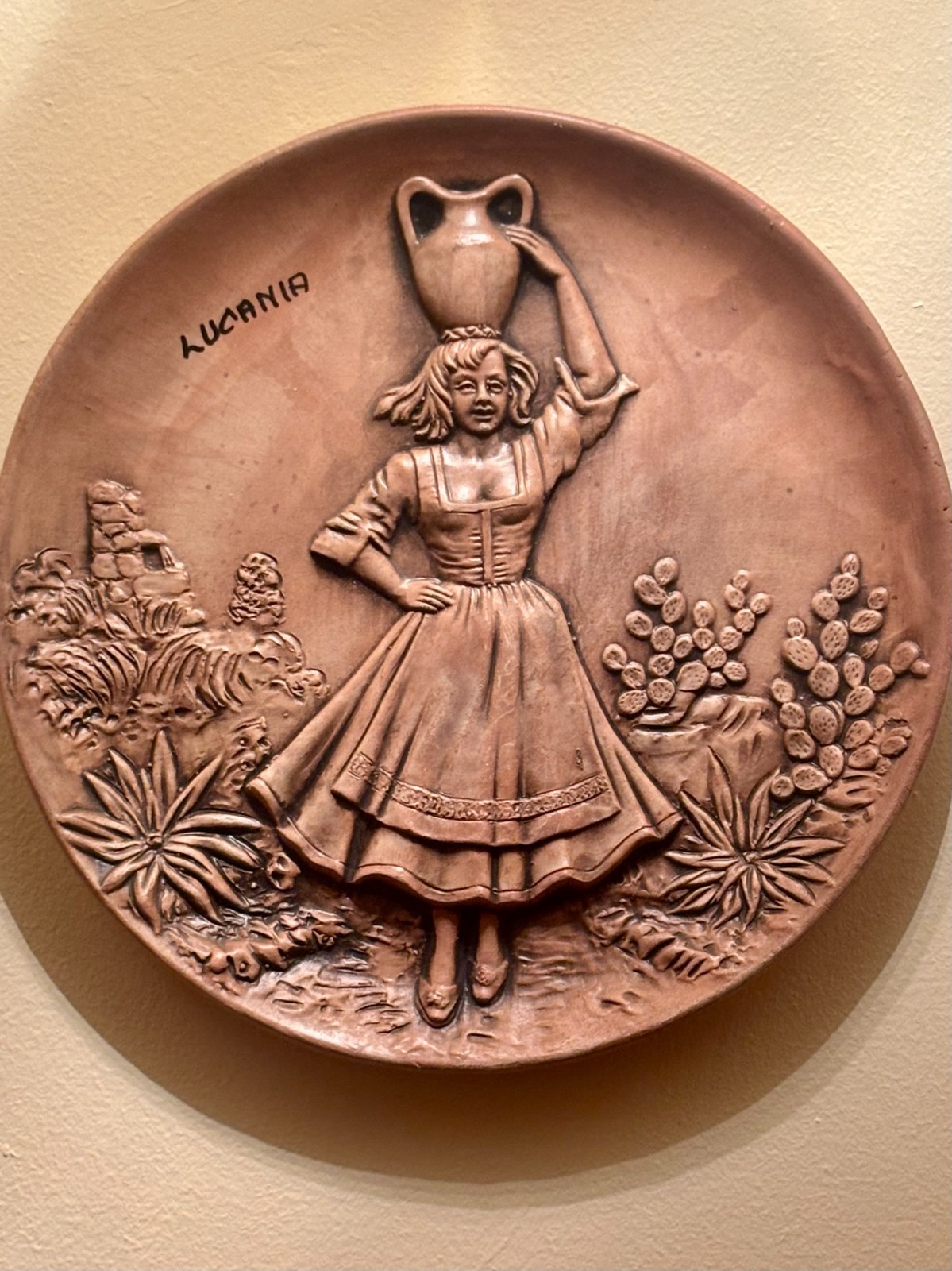 Italian Folk Art Wall Plaque — Lucania Woman with Amphora, Earthenware, 10”