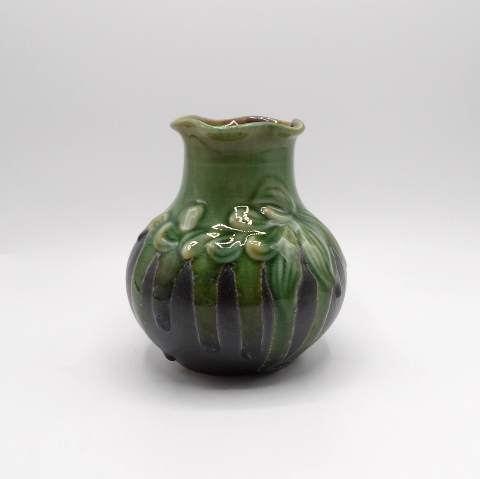 Vintage Studio Art Pottery 6” Vase Green & Tan Drip Glaze Floral Motif