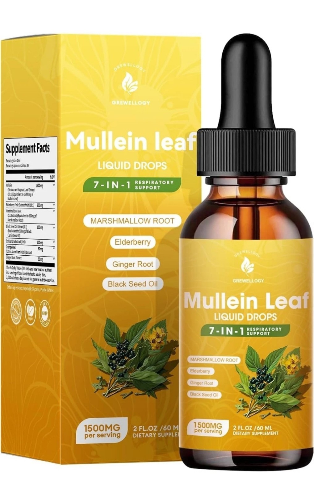 Mullein Drops for Lungs, 7-in-1 1500mg Mullein Leaf Liquid Extract for Lungs Cle