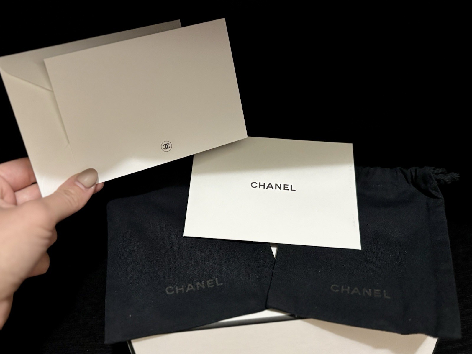 Two CHANEL Black Fabric Drawstring bags, gift Set with Card & Envelopes