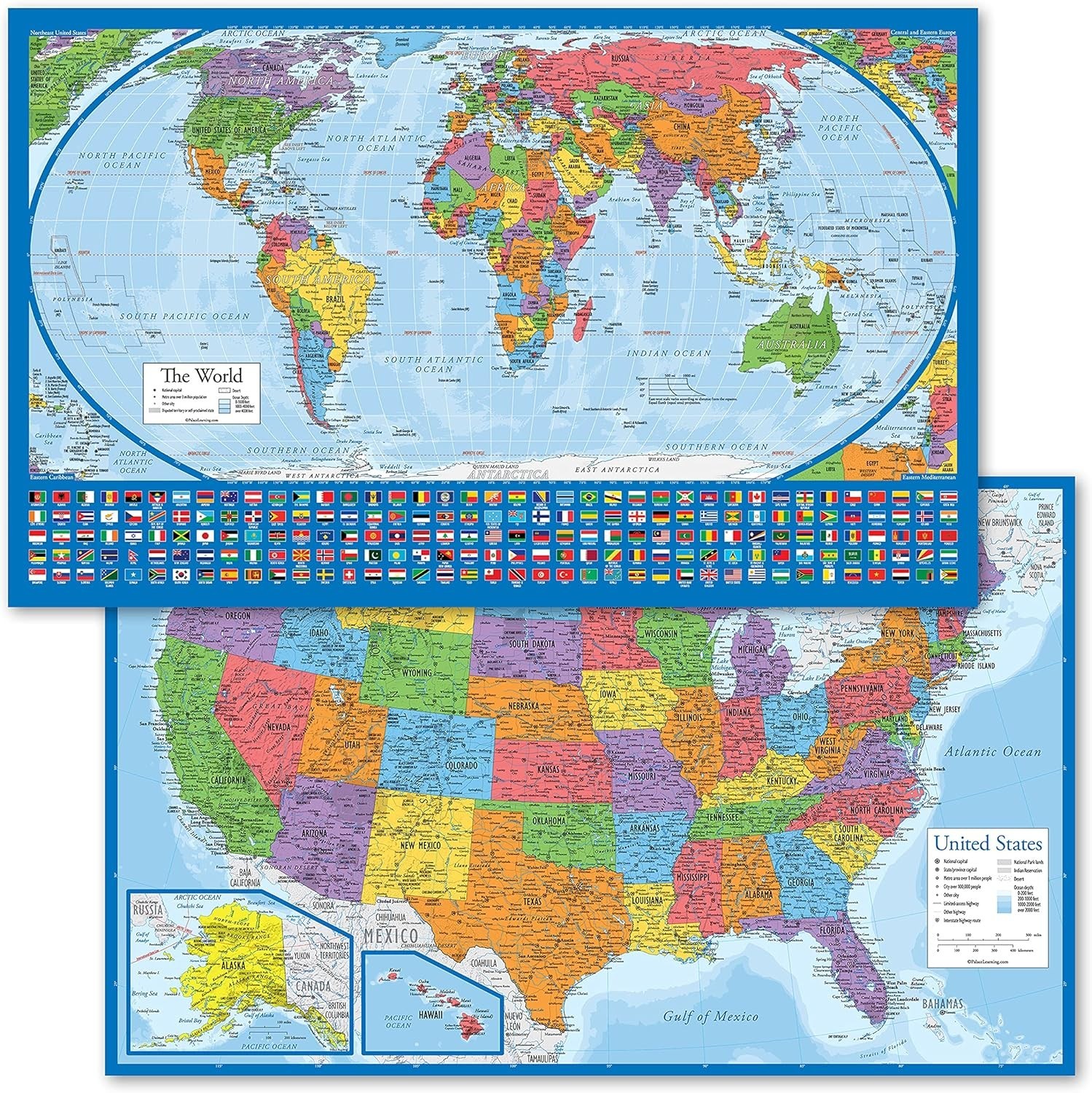 2 Pack - Laminated World Map Poster & USA Map Set - Equal Earth World Map Design