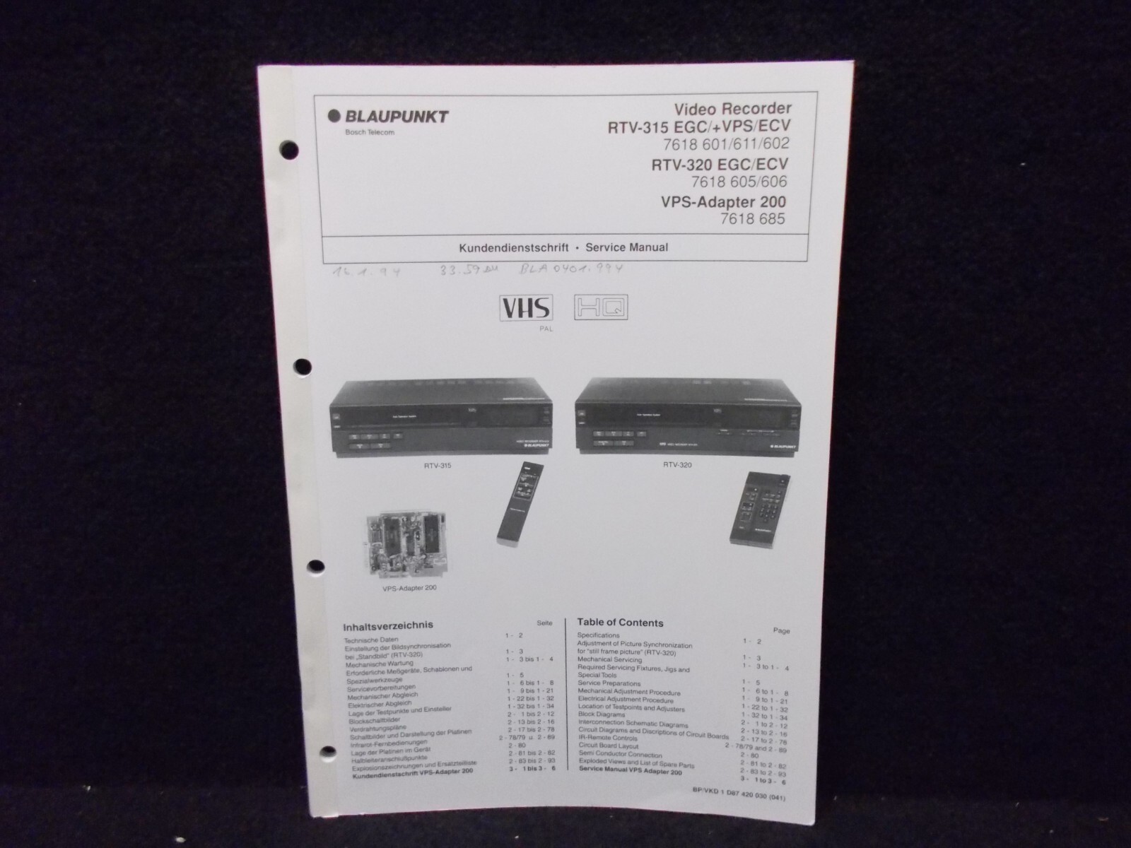 Blaupunkt Service Manual, VHS Video Recorder Rtv-315/320, Ge English #K-325-19