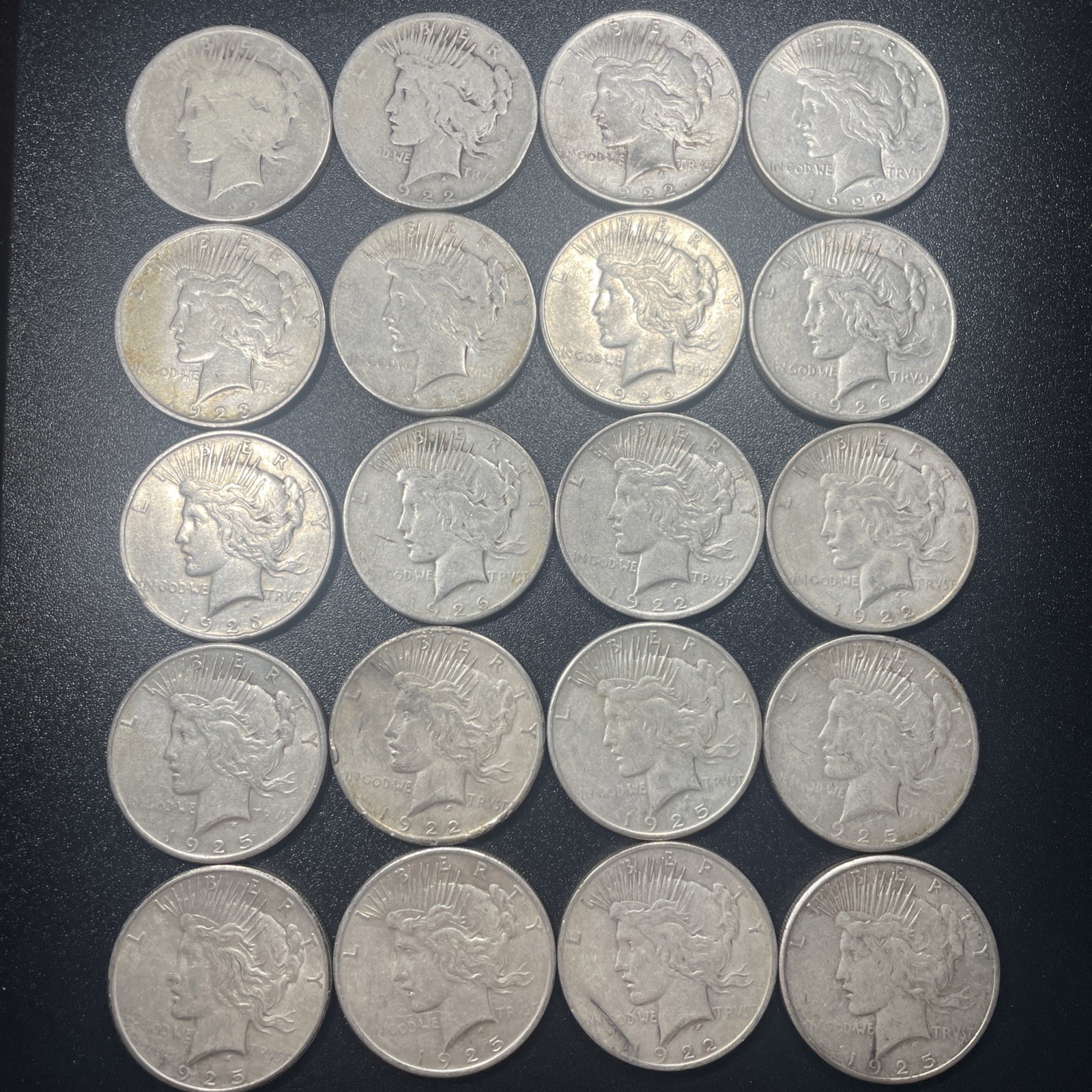 Roll of 20 coins US Peace Silver Dollars G-XF Mixed Dates & Mints