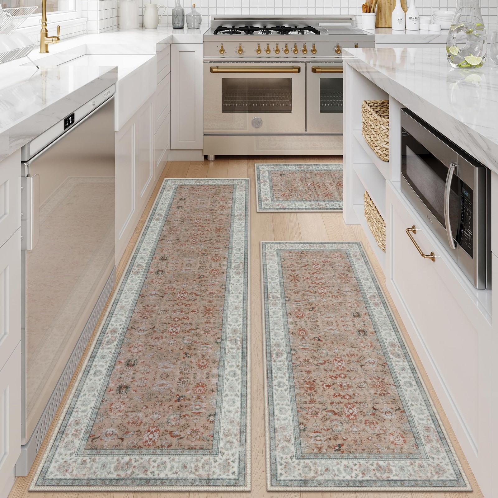 KIMODE Kitchen Rugs Set of 3 Non-Slip Washable Farmhouse Floral Rubber 20"x32/47