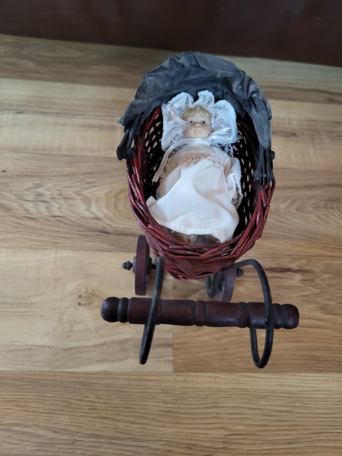 Vintage Wicker & Metal Baby Carriage With Porcelain Doll