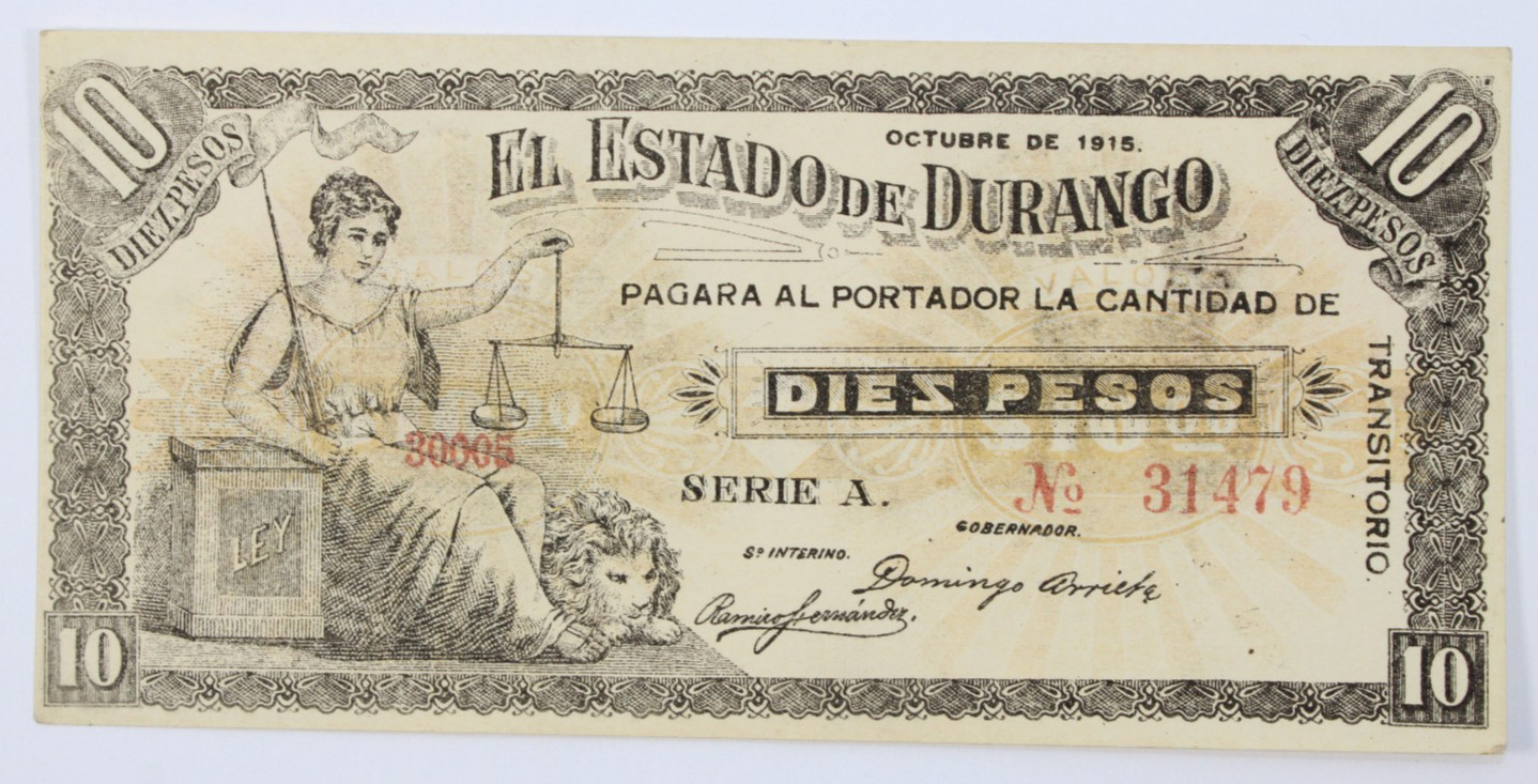 Mexico, Durango 10 Peso Note  P-S753  1915 ABOUT UNCIRCULATED ,            #0524