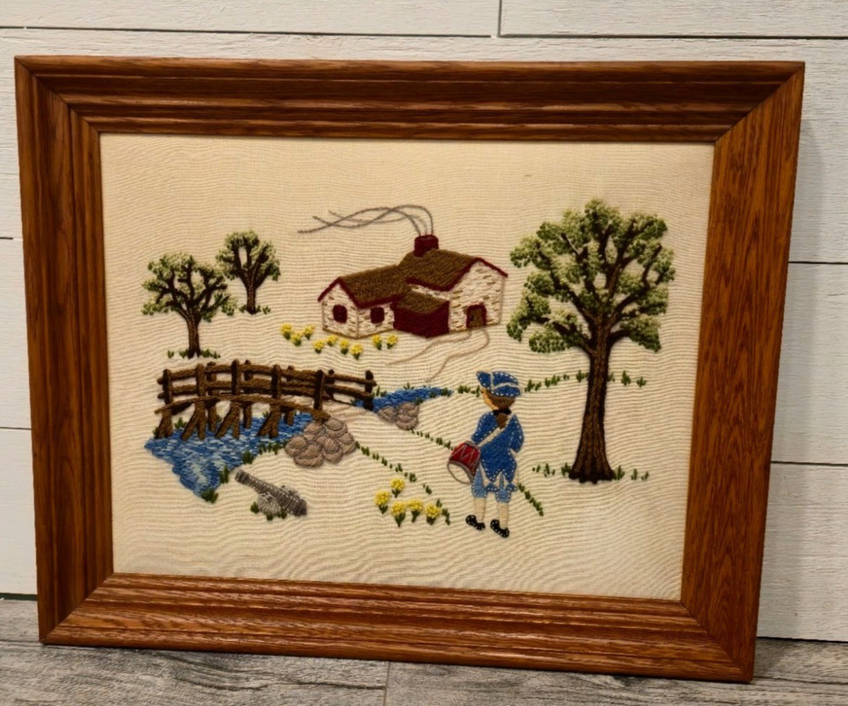 Handmade Framed Embroidered Colonial drummer Soldier cannon landscape fabric art