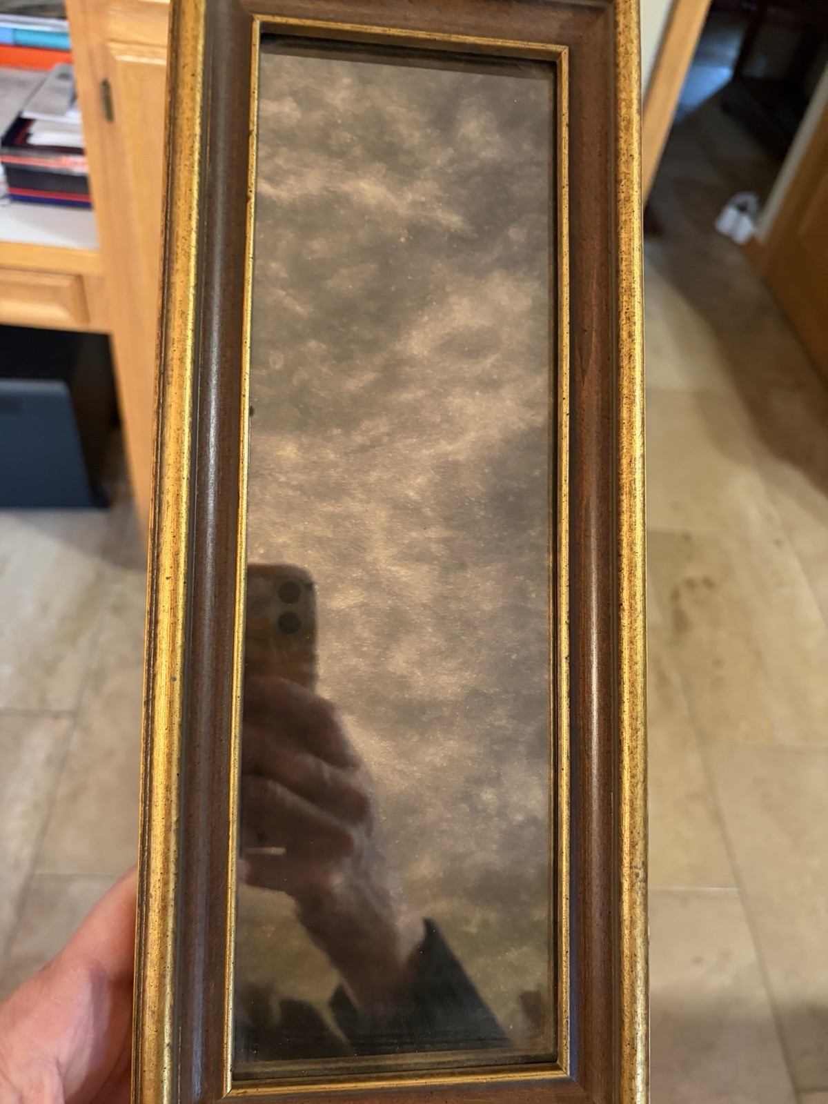 Vintage Smokey Mirror, Wood, Gold Toned Finish , 5.5 x 13.5