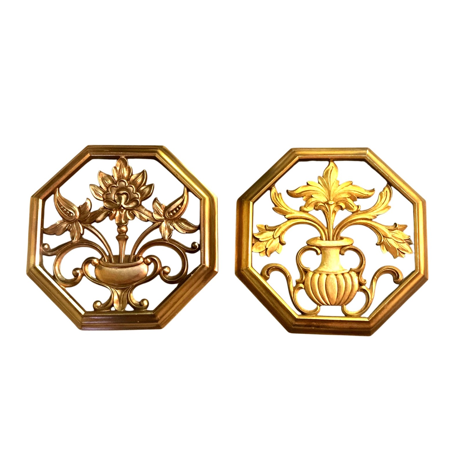 Hollywood Regency Syroco Gold Ornate Floral Wall Plaques Octagonal Set Of 2 MCM