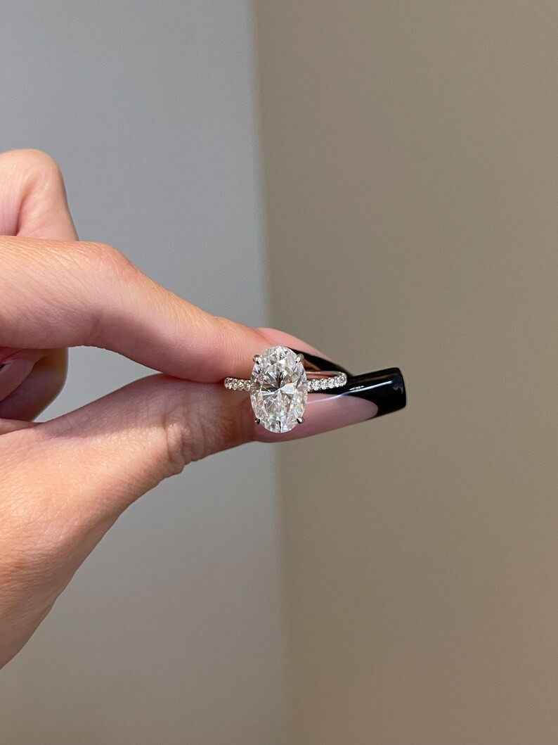 7.77 Ct Oval Lab Grown Diamond Hidden Halo Pavé Engagement Ring 14k White Gold