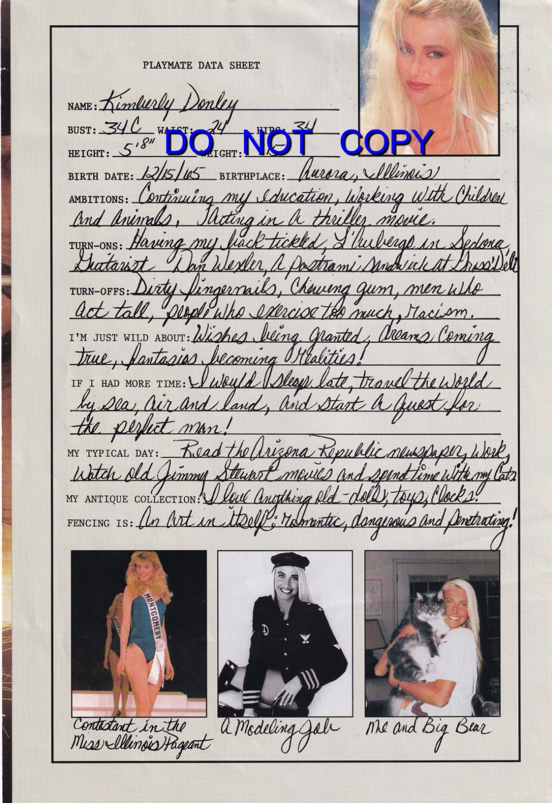 Playboy Playmate March 1993 Kimberly Donley signed  loose centerfold.