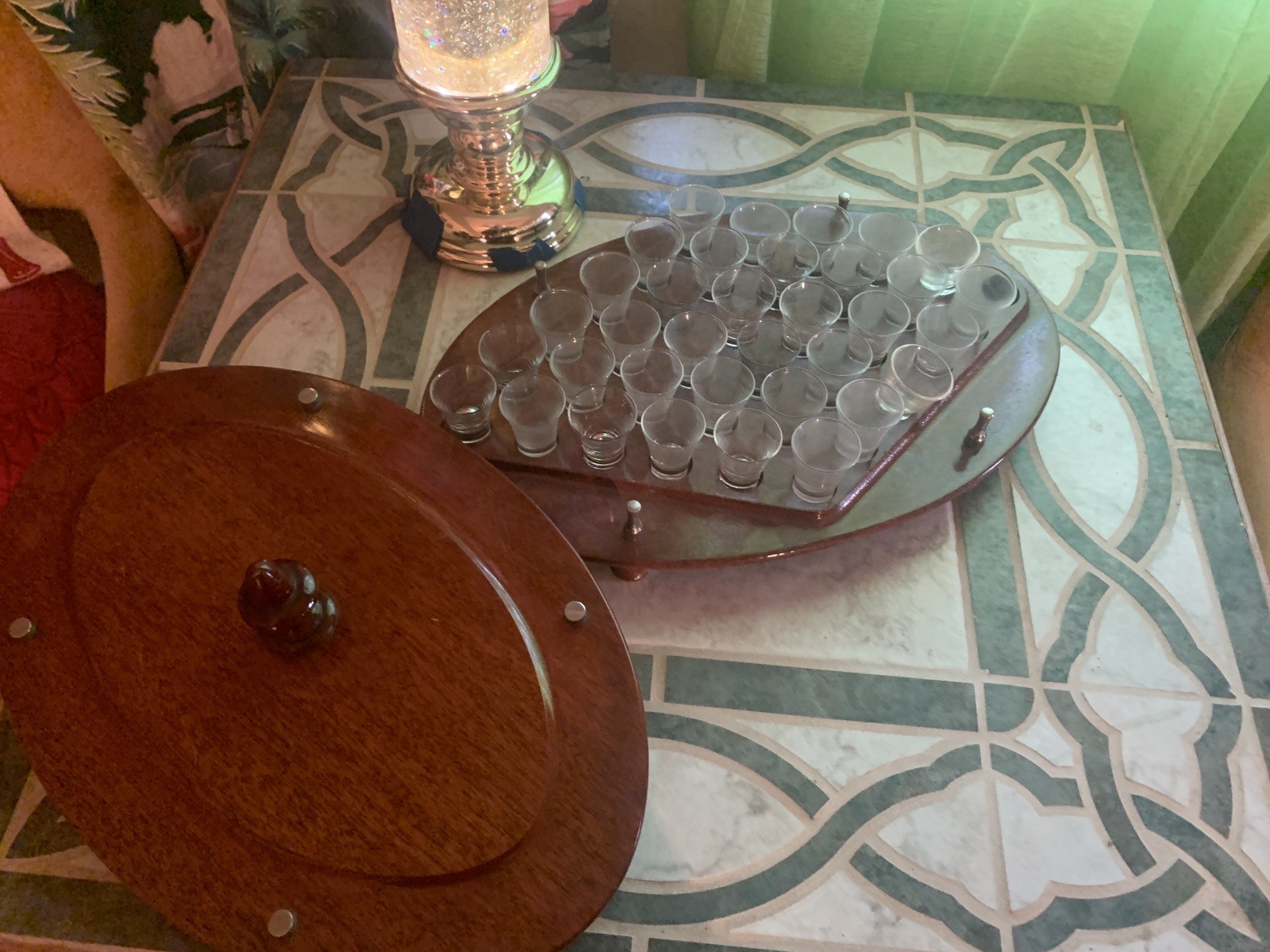 Vintage Wooden Tier  Communion Stackable Mahogany Serving Tray glasses 