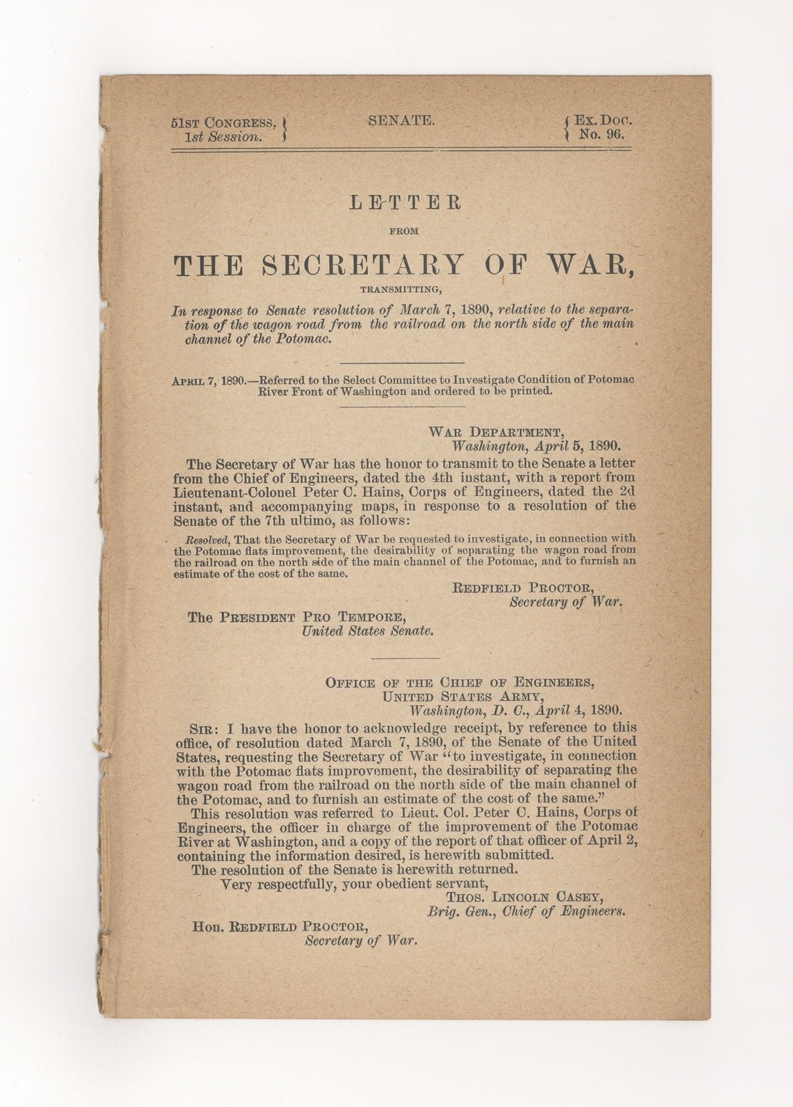 [U.S. Congress] – 1890 Potomac Riverfront and Potomac Flats Report with three…