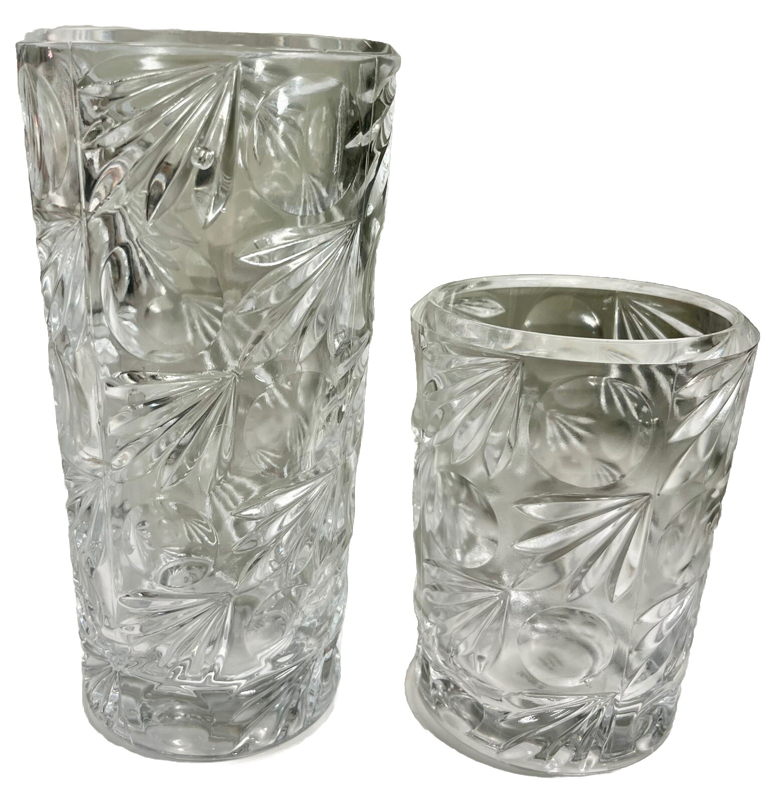 Czech Crystal Vases Clear Set Of 2- 5" & 7" Coin & Fan Leaded Pressed Crystal.