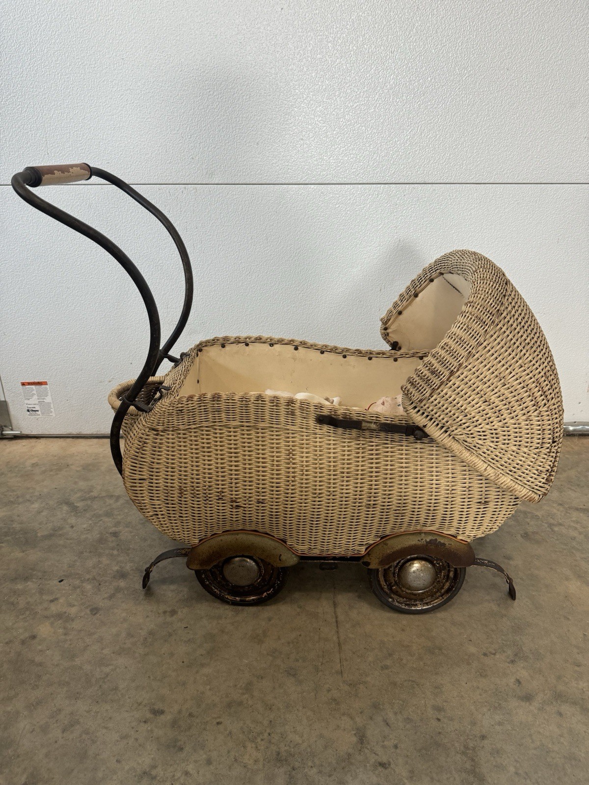 Antique Victorian Wicker Baby Doll Carriage With Pastry Doll