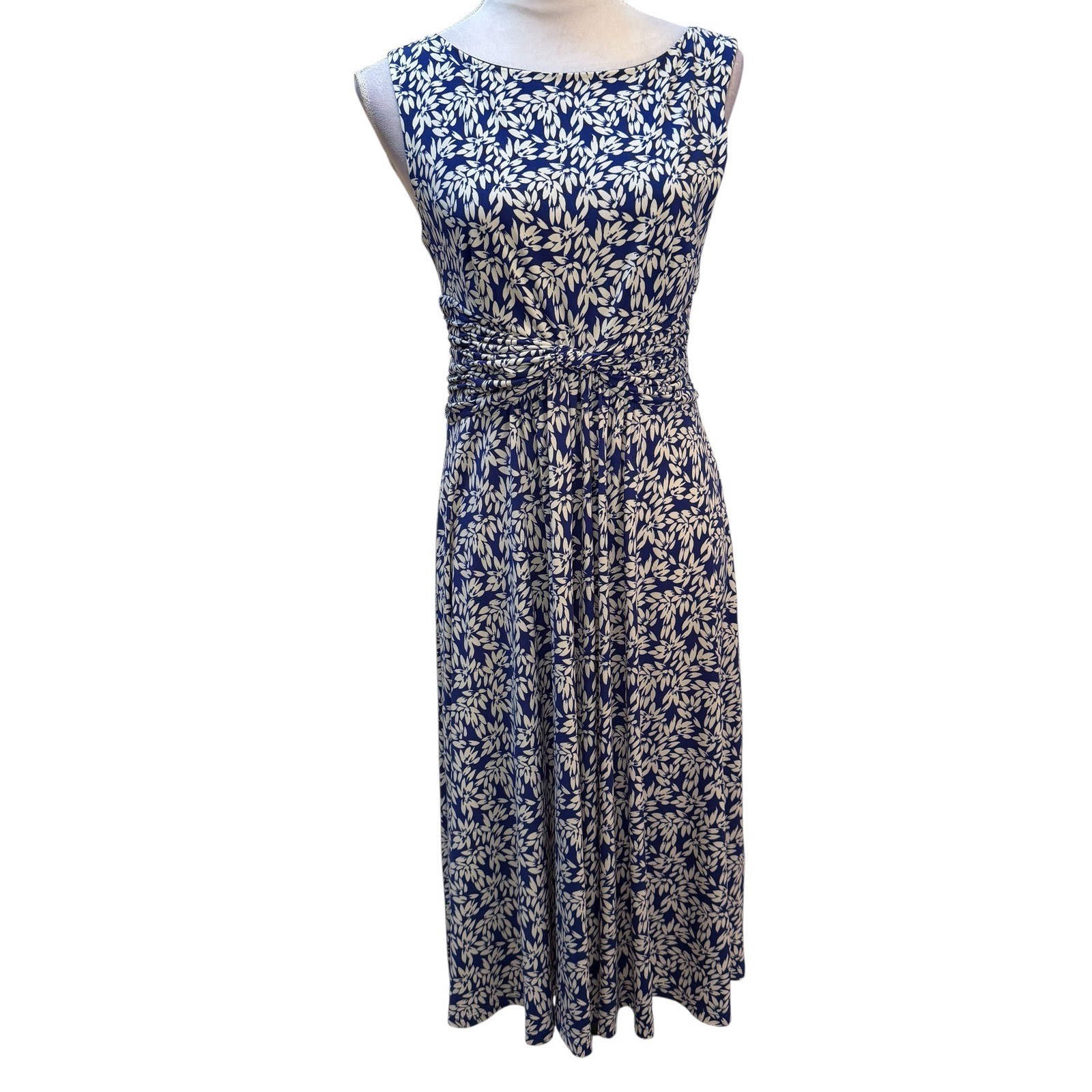 Jessica Howard Womens Blue White Leaf Print Ruched Waist Midi Dress Size 6