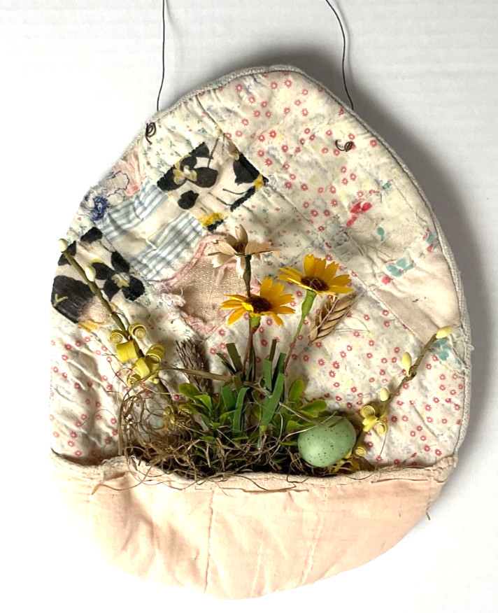 Primitive Egg Made From Old Quilt Florals in Pocket Of Egg 8''x11'' Pre Owned