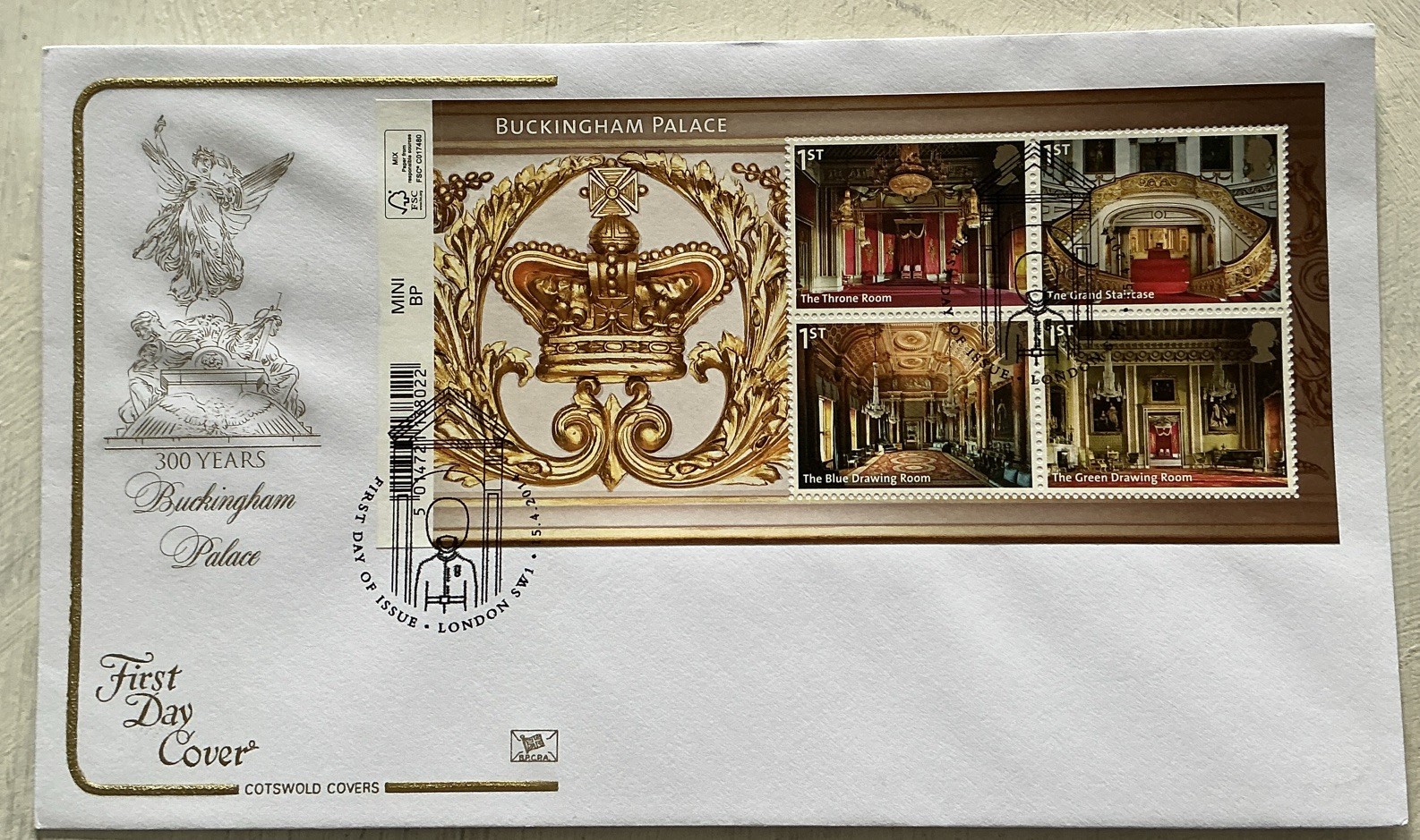 GB QEII 2014 Buckingham Palace Barcode Minisheet Cotswold Embossed FDC London