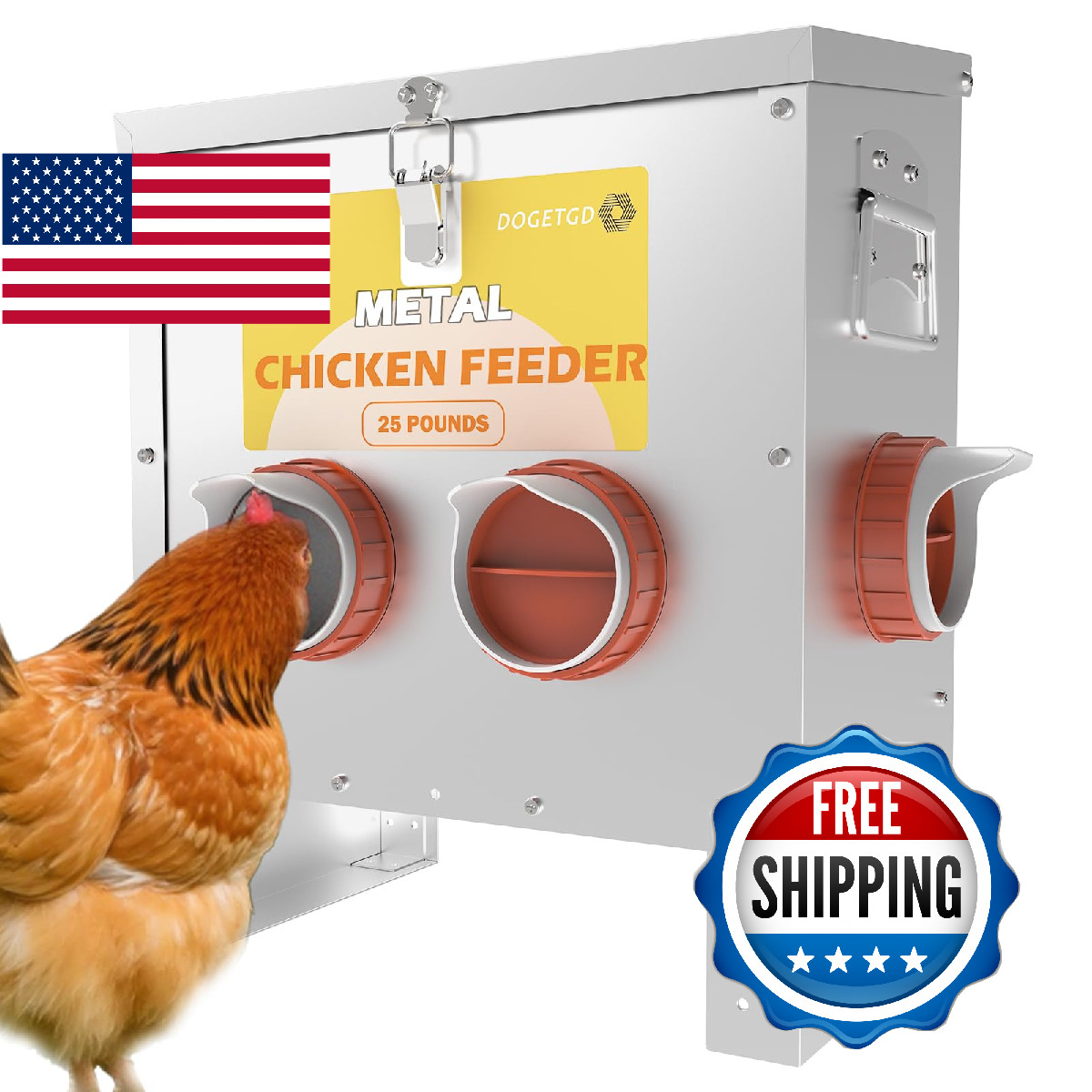 Automatic Chicken Feeder No Waste Metal Poultry 25lbs Large Capacity