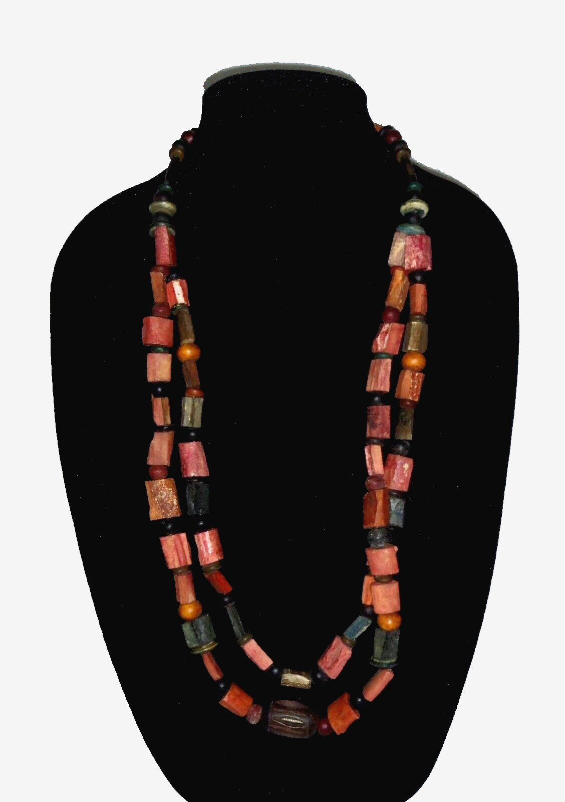 VTG Wood Bead Double Strand Necklace BOHO Tribal Multicolor Redwood Green Navy