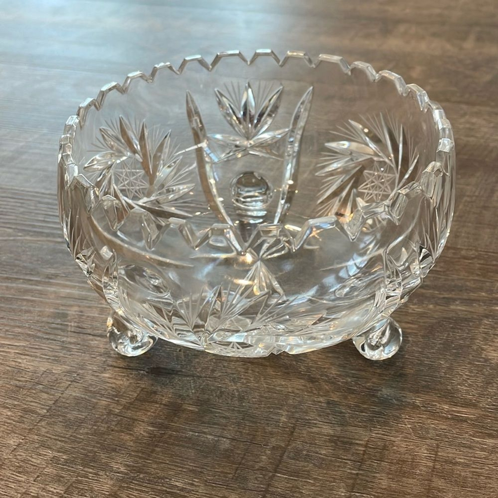 ABP American Brilliant Footed Bowl Pinwheel Saw Tooth Edge Cut Glass 5.5”  