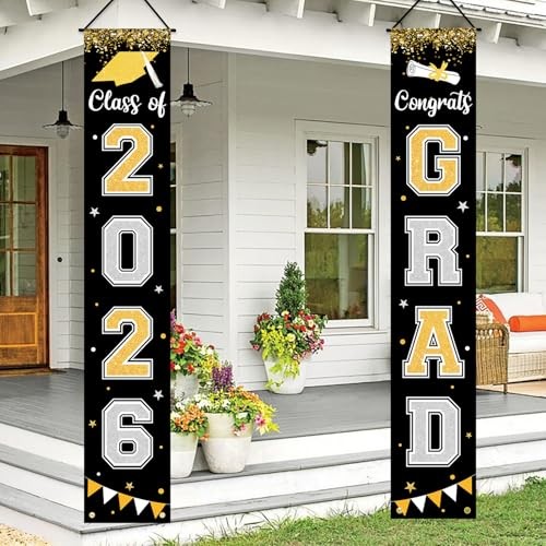 Graduation Decorations 2026 GRAD Banner Porch Door Sign Welcome Banner Black
