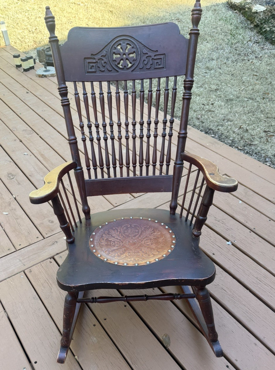 Antique Spindle back Rocking chair w brown leather seat